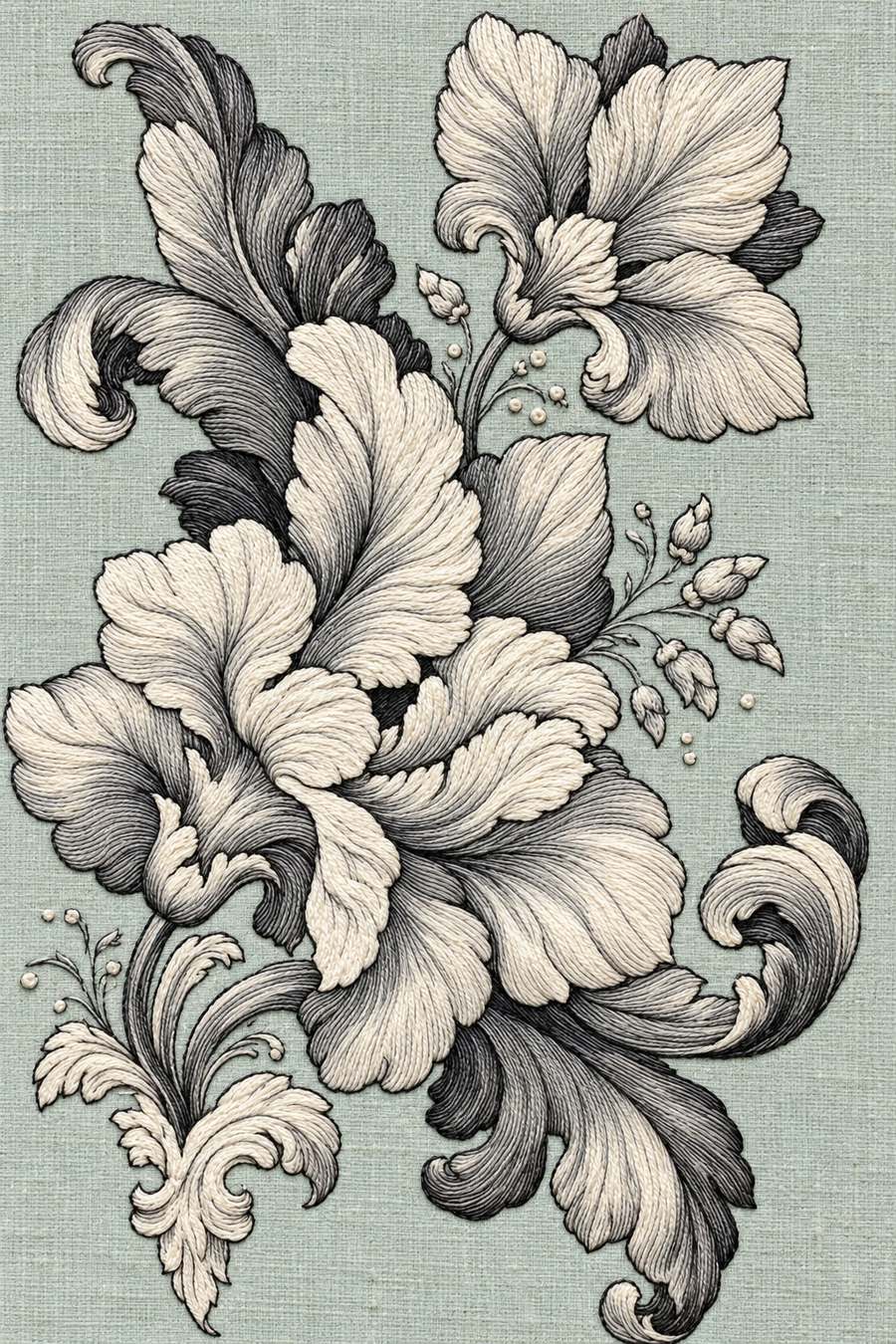 Hand embroidery of one flowing diagonal composition of large curled baroque flowers, acanthus leaves, thin stems and tiny buds in charcoal and ivory cotton on pale muted celadon linen.