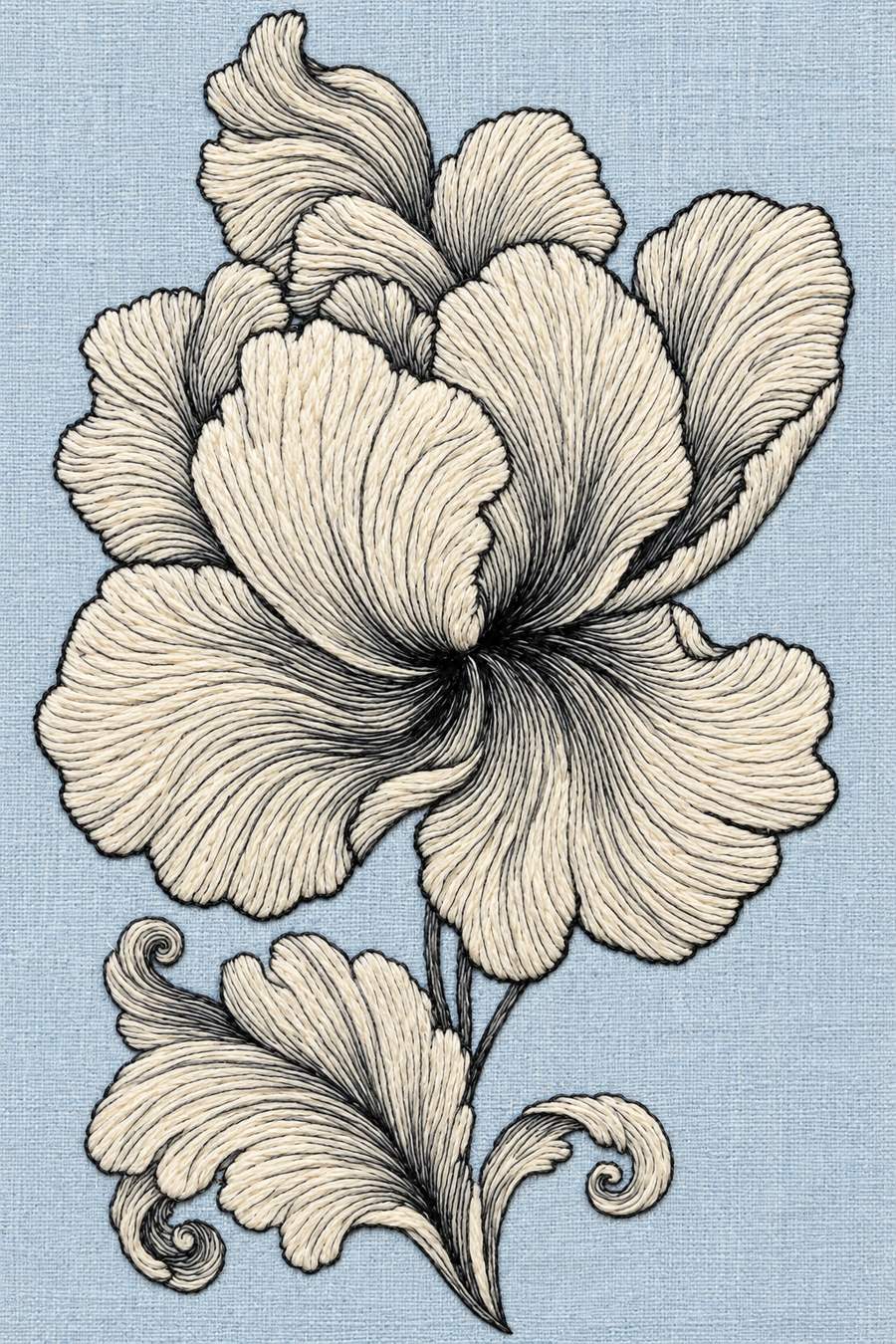 Hand embroidery of one large flowing flower on a slender stem with a sweeping curled basal leaf in charcoal and ivory cotton on soft pale powder blue linen.