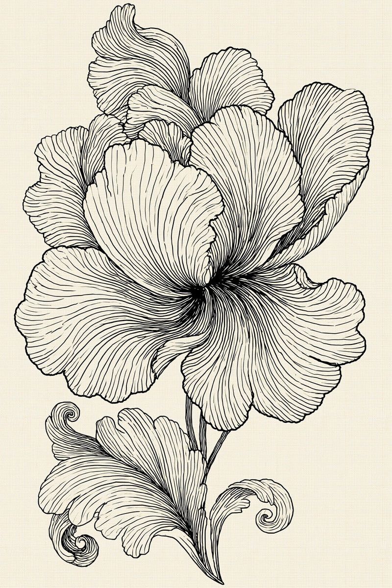 Original design: one large flowing flower on a slender stem with a sweeping curled basal leaf.