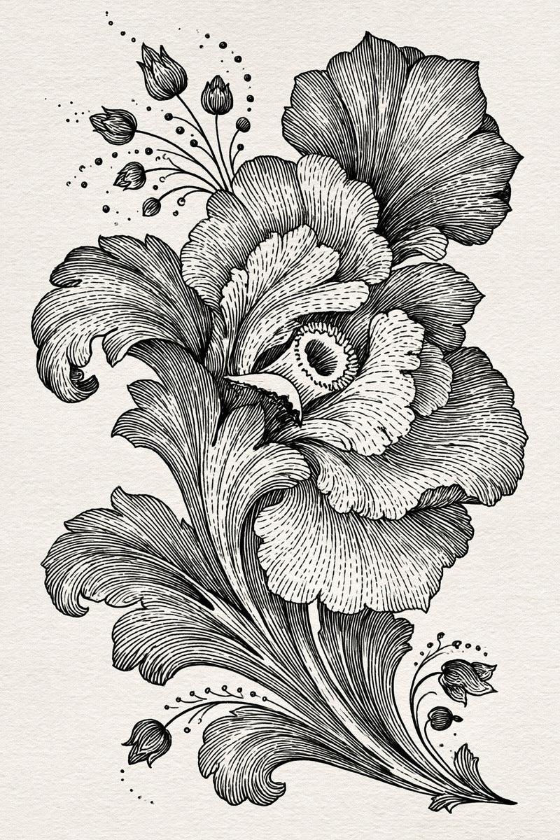 Original design: one flowing floral spray with a large many-layered flower, a broad fan petal, curled acanthus leaves, buds and dotted sprigs.
