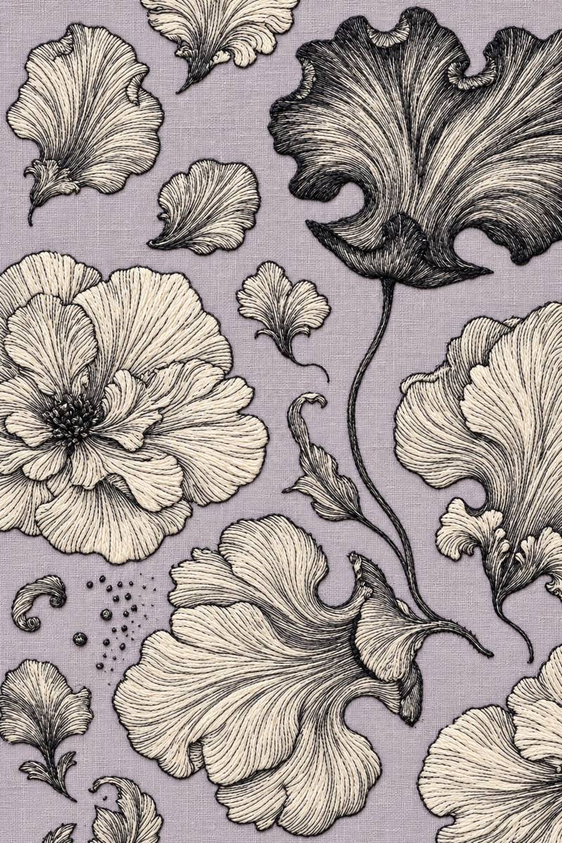 Hand embroidery of a full-page arrangement of flowing scalloped petals and flowers with thin branching stems and scattered original dots, cropped at the page edges in charcoal and ivory cotton on soft pale dusty lavender linen.