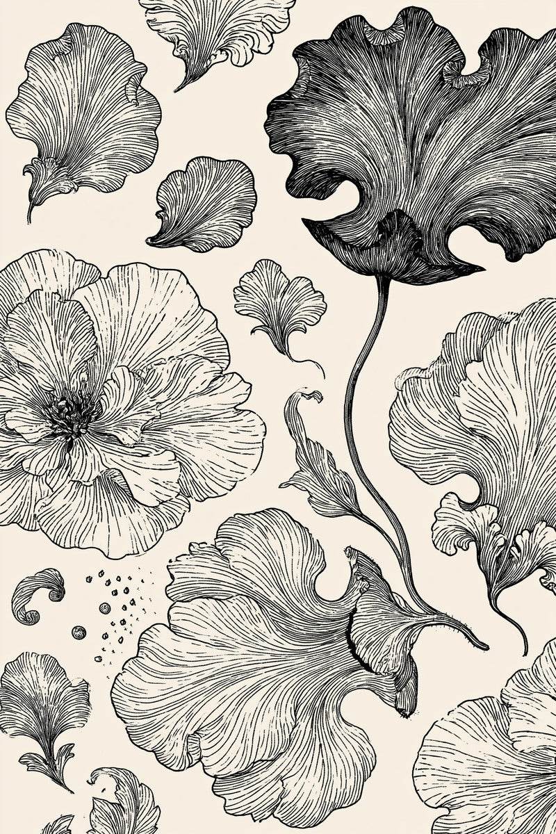 Original design: a full-page arrangement of flowing scalloped petals and flowers with thin branching stems and scattered original dots, cropped at the page edges.
