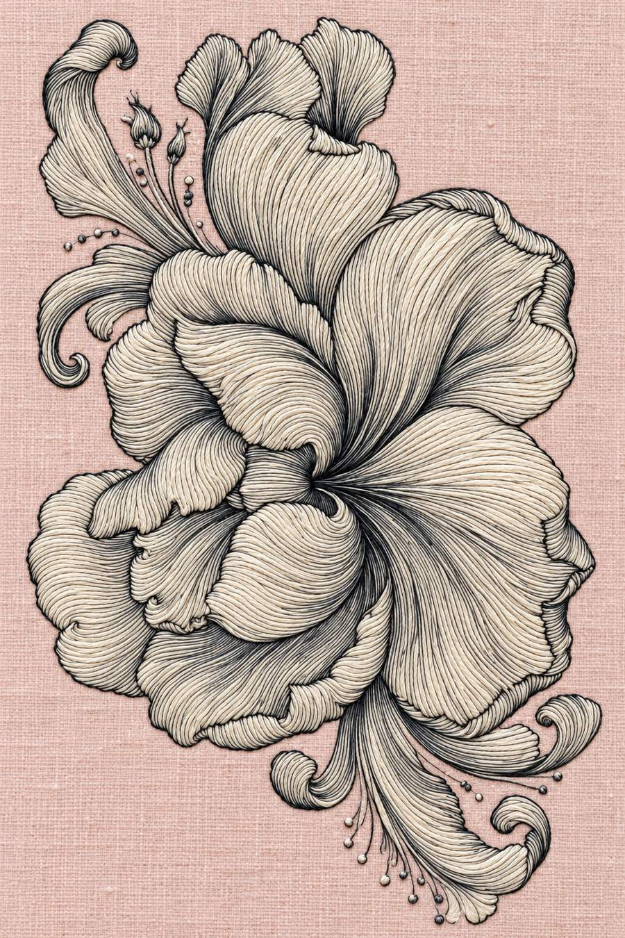 Hand embroidery of one large layered flowing flower with broad curling petals, small buds, a fine stem and sweeping curled leaves in charcoal and ivory cotton on soft pale dusty rose linen.