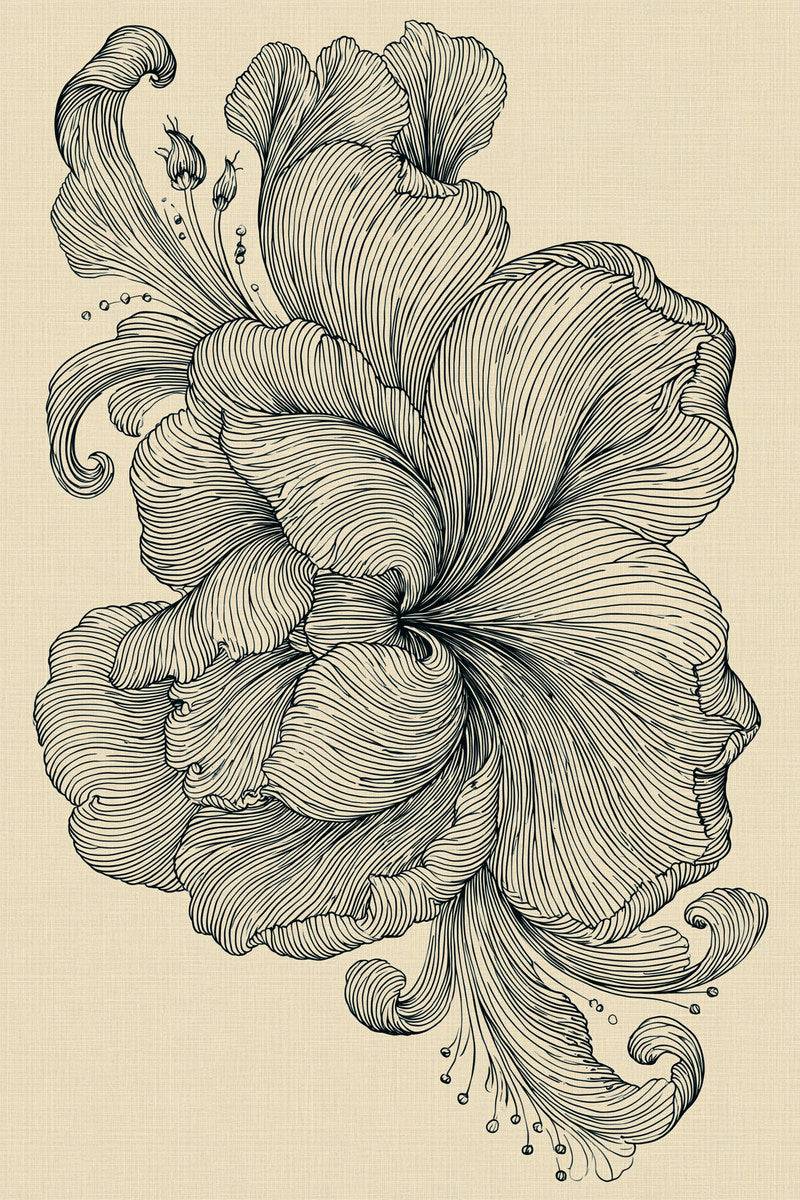 Original design: one large layered flowing flower with broad curling petals, small buds, a fine stem and sweeping curled leaves.