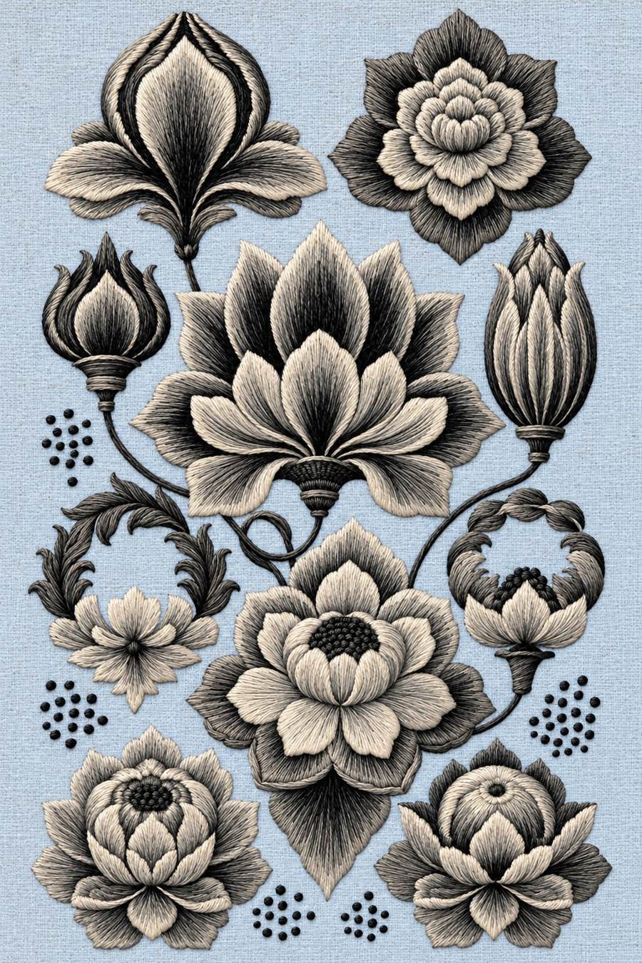 Hand embroidery of a botanical sampler of layered blossoms and closed buds with curved branching stems, small leaf curls and original dotted clusters in charcoal and ivory cotton on soft pale powder blue linen.