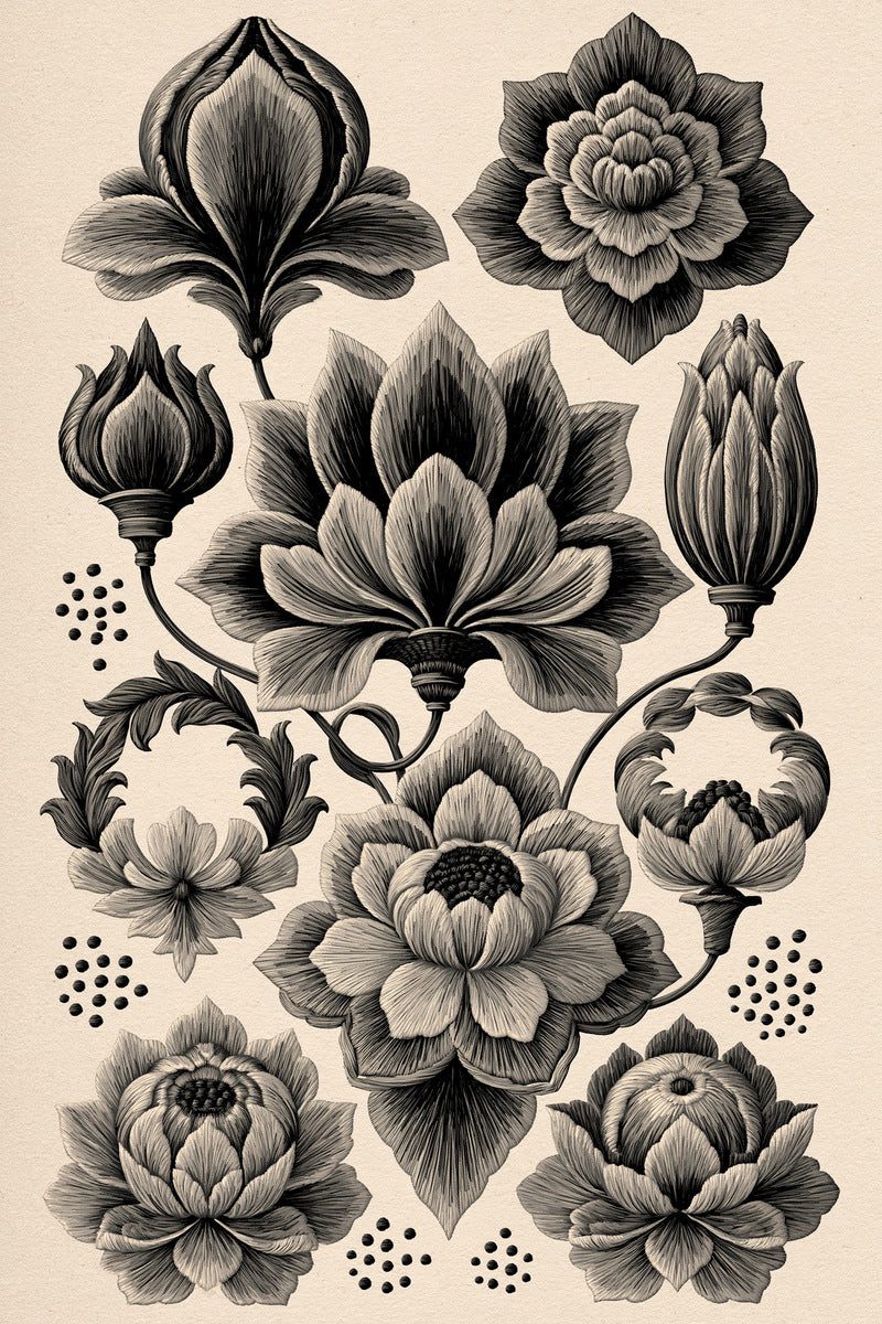 Original design: a botanical sampler of layered blossoms and closed buds with curved branching stems, small leaf curls and original dotted clusters.