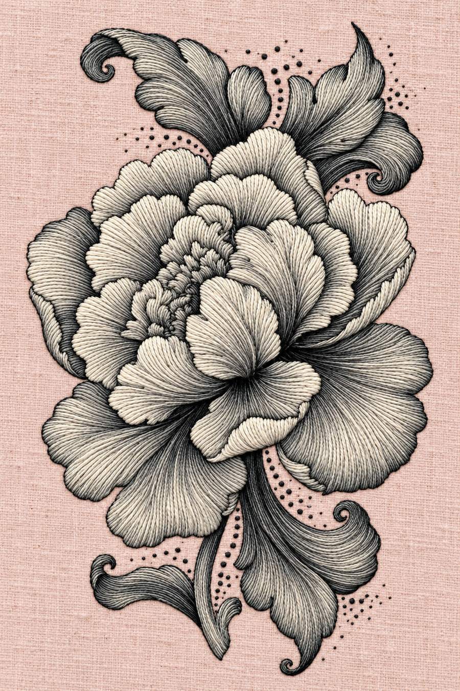 Hand embroidery of one large layered peony-like flower with broad curled leaves, fine veins and dotted accents in charcoal and ivory cotton on soft pale dusty rose linen.