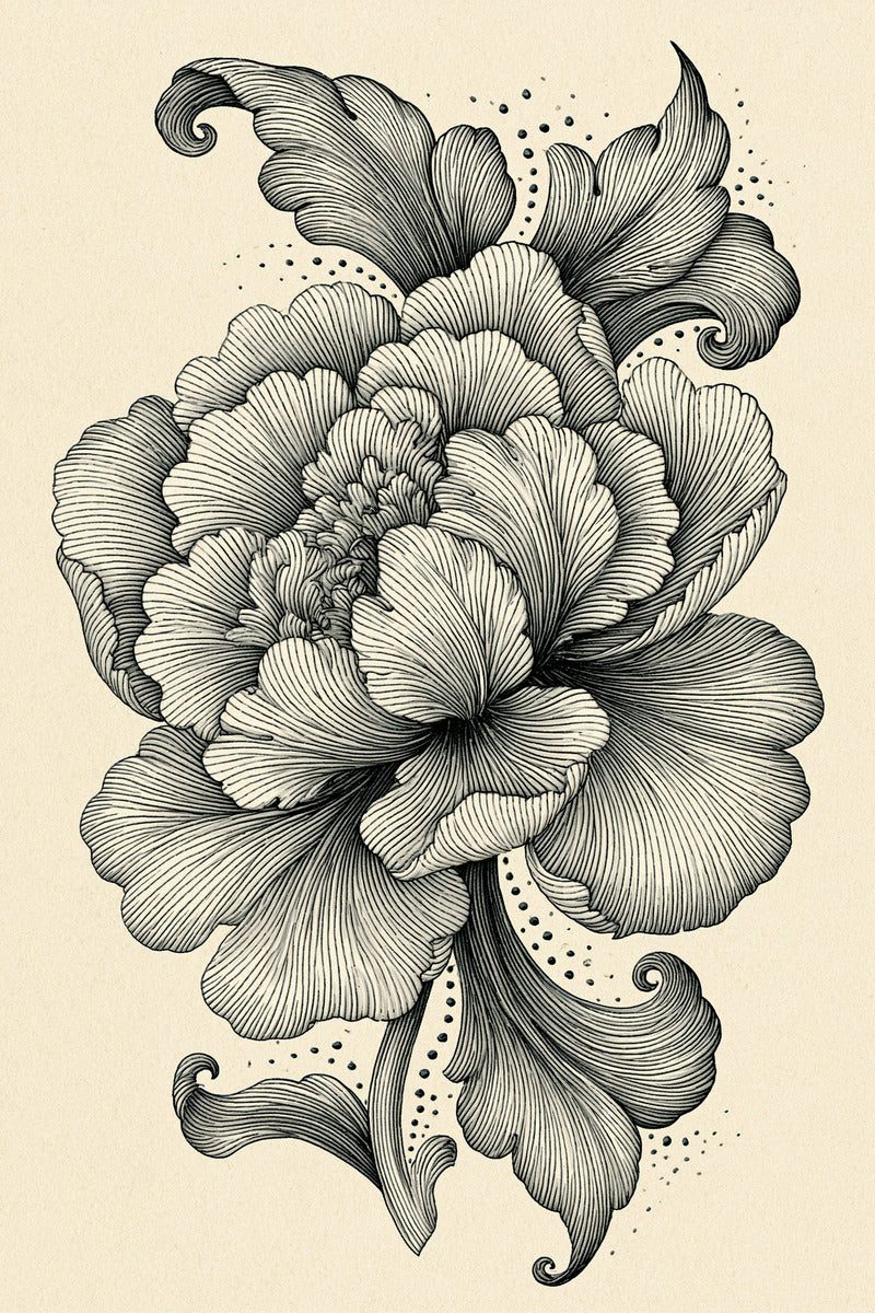 Original design: one large layered peony-like flower with broad curled leaves, fine veins and dotted accents.
