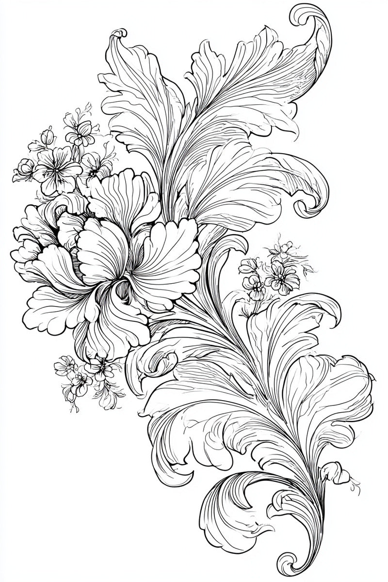 Neo Baroque Leaf And Blossom from Baroque Scrollwork & Luxury Ornament Book 3, a digital embroidery design reference for machine embroidery designs, embroidery patterns and botanical and floral embroidery.