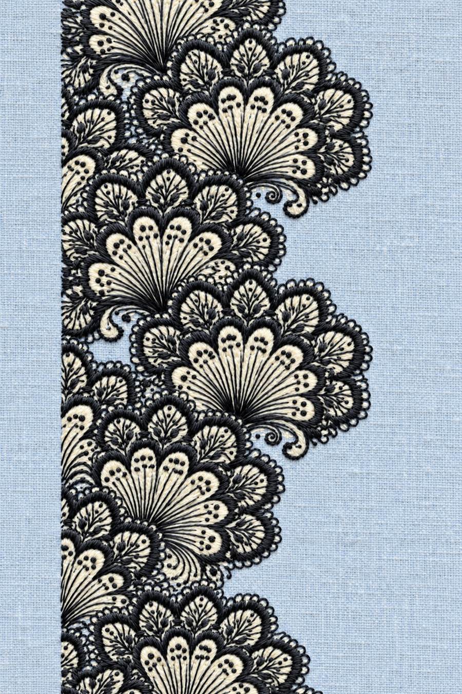 Hand embroidery of a vertical scalloped lace-like floral border on the left, with fine fan petals, small leaves and dotted edging in charcoal and ivory cotton on soft pale powder blue linen.