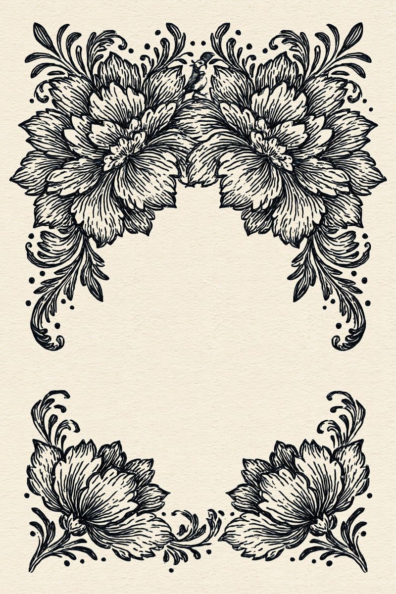 Original design: an open floral border with two large mirrored upper flowers, curling acanthus leaves, two smaller lower corner flowers and a large blank centre.
