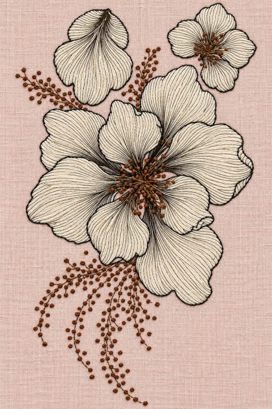 Hand embroidery of a composition with one large open flower, a small upper flower, a separate upper petal and fine brown dotted berry sprigs in charcoal and ivory cotton on soft pale dusty rose linen.
