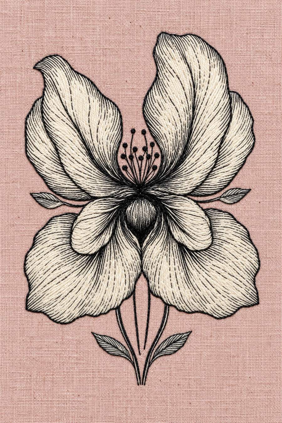 Hand embroidery of one open iris with broad curved petals, fine upright stamens, a slender stem and two small lower leaves in charcoal and ivory cotton on soft pale dusty rose linen.