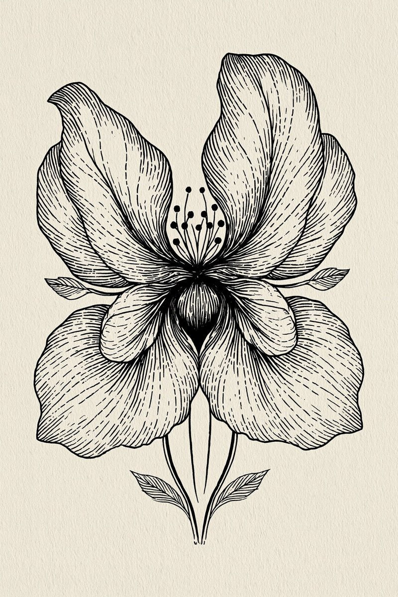 Original design: one open iris with broad curved petals, fine upright stamens, a slender stem and two small lower leaves.