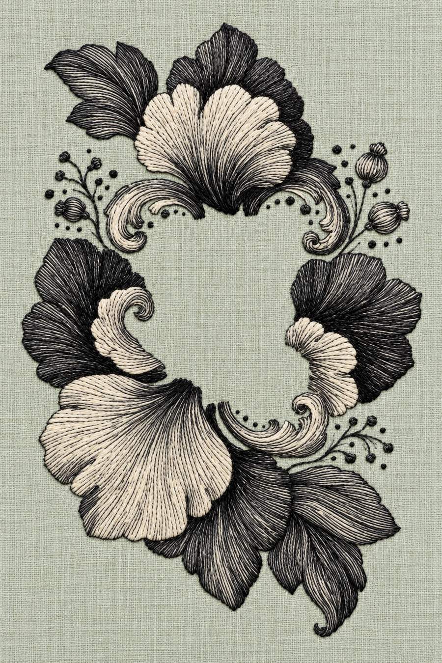 Hand embroidery of one open floral cartouche with broad scalloped flowers, curled leaves, small buds and a large blank centre in charcoal and ivory cotton on pale muted celadon linen.