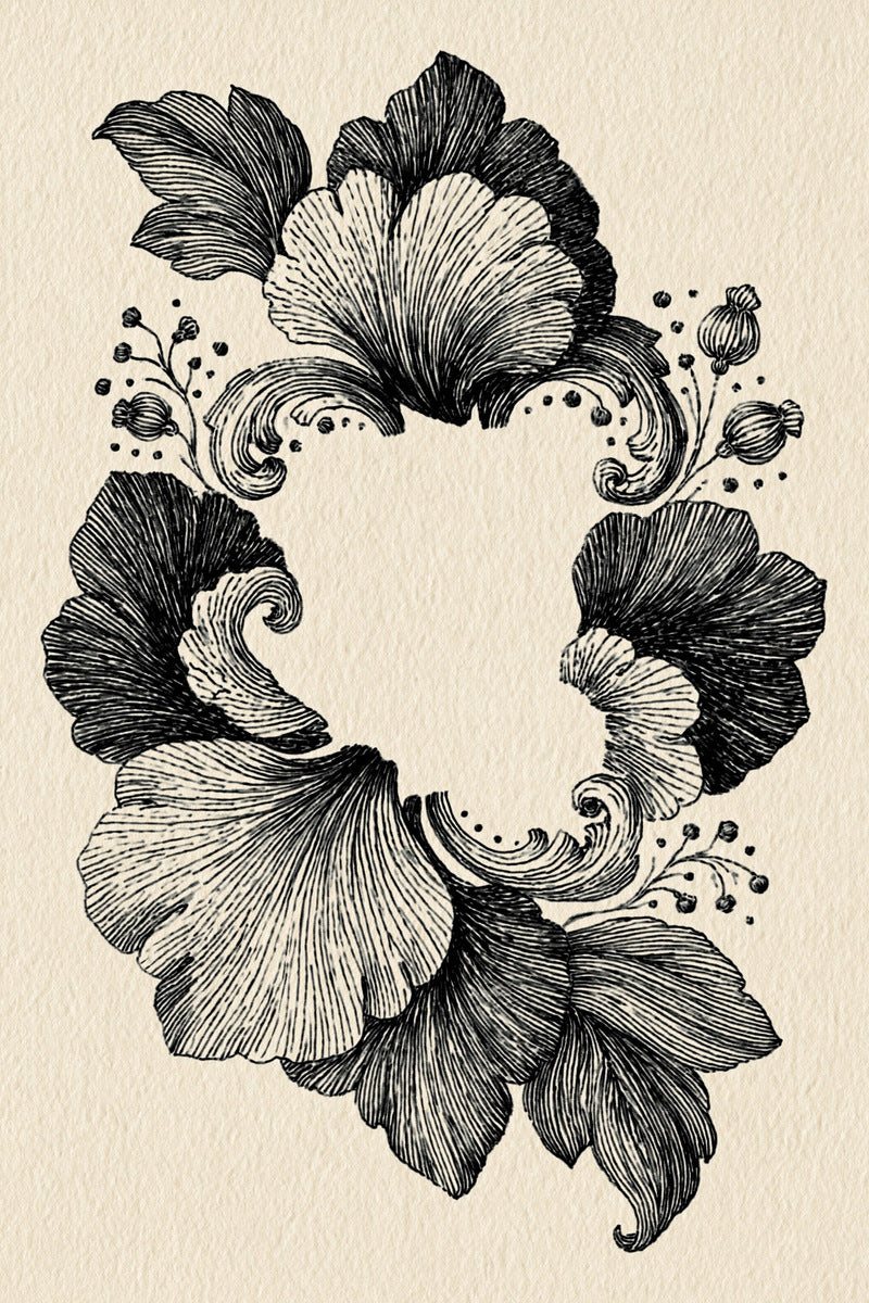 Original design: one open floral cartouche with broad scalloped flowers, curled leaves, small buds and a large blank centre.