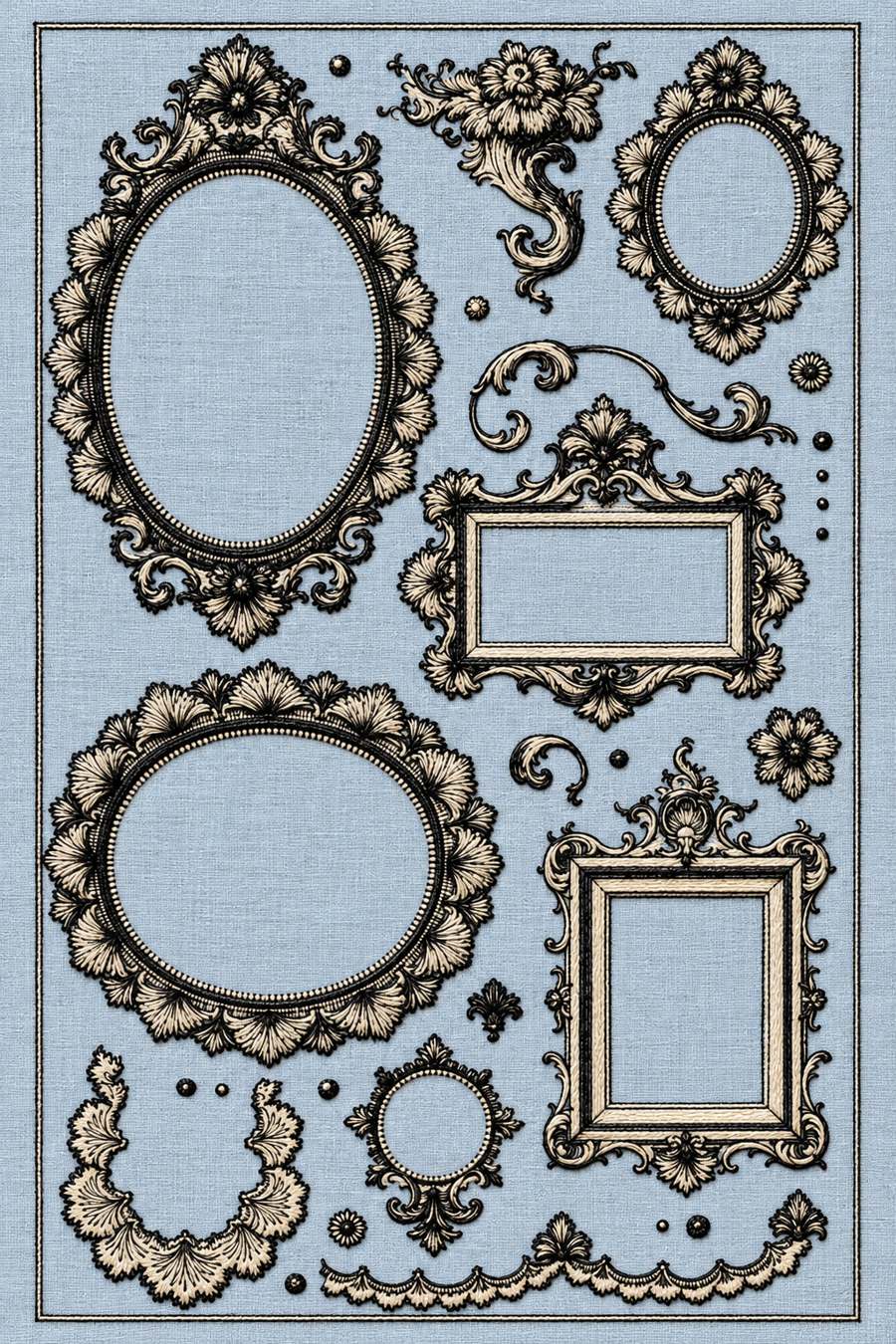 Hand embroidery of a sheet of ornate oval round and rectangular floral frame motifs, scroll ornaments, tiny rosettes and dots, within the original fine double-line page border in charcoal and ivory cotton on soft pale powder blue linen.