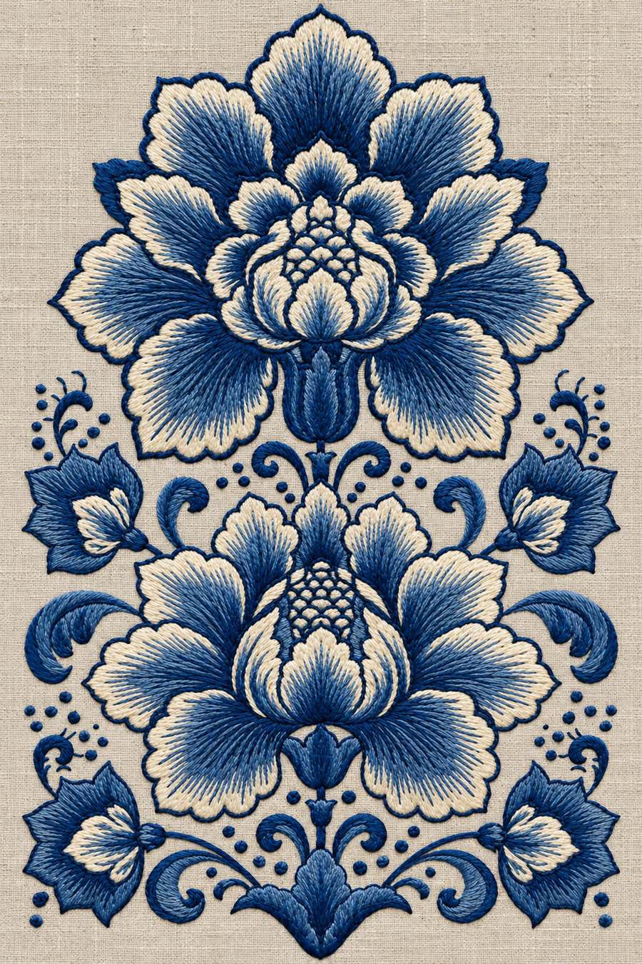 Hand embroidery of two blue and ivory layered flowers with side buds, curling leaves and dotted sprigs on pale warm stone grey linen.