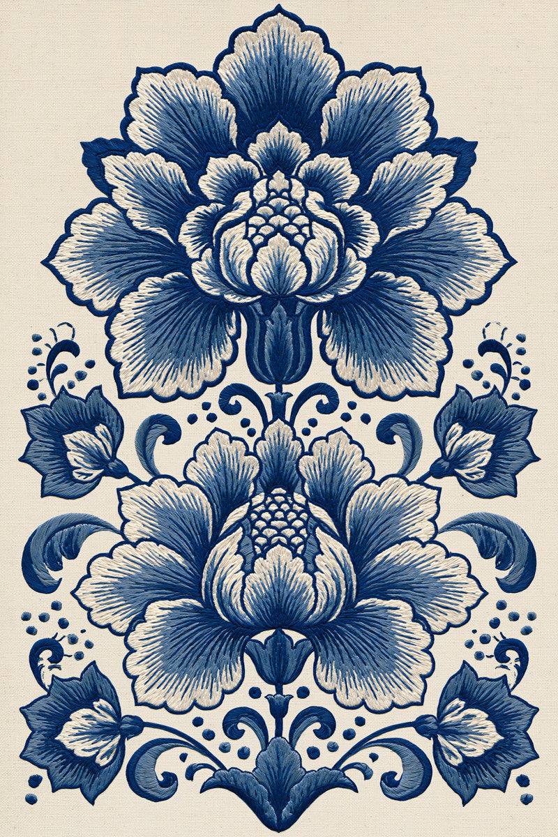 Original design: two vertically stacked blue and ivory layered flowers, paired side buds, curling leaves and dotted sprigs.