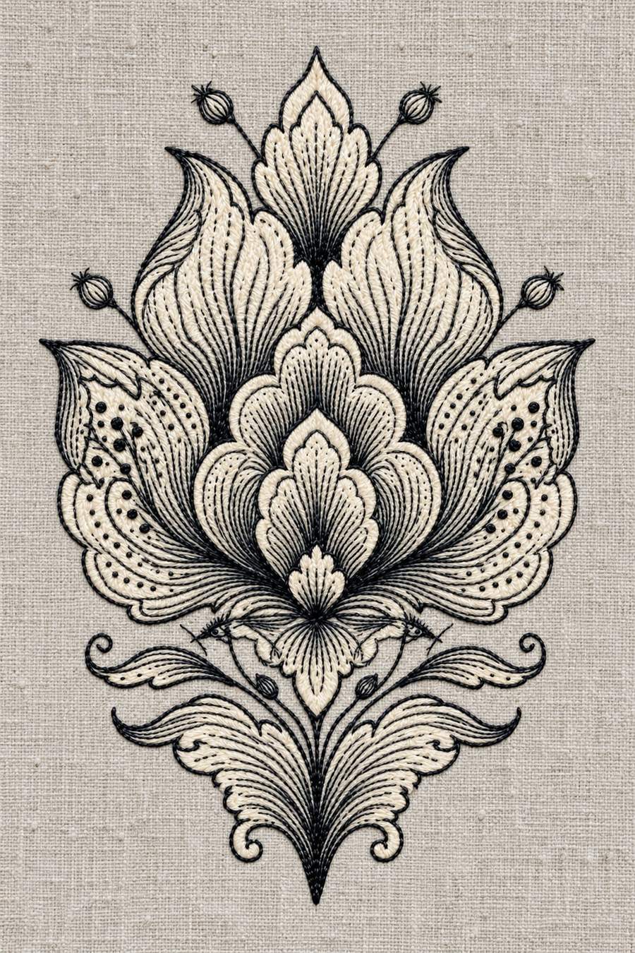 Hand embroidery of one symmetrical pointed layered floral ornament with four small buds, dotted petals and paired curling lower leaves in charcoal and ivory cotton on pale warm stone grey linen.