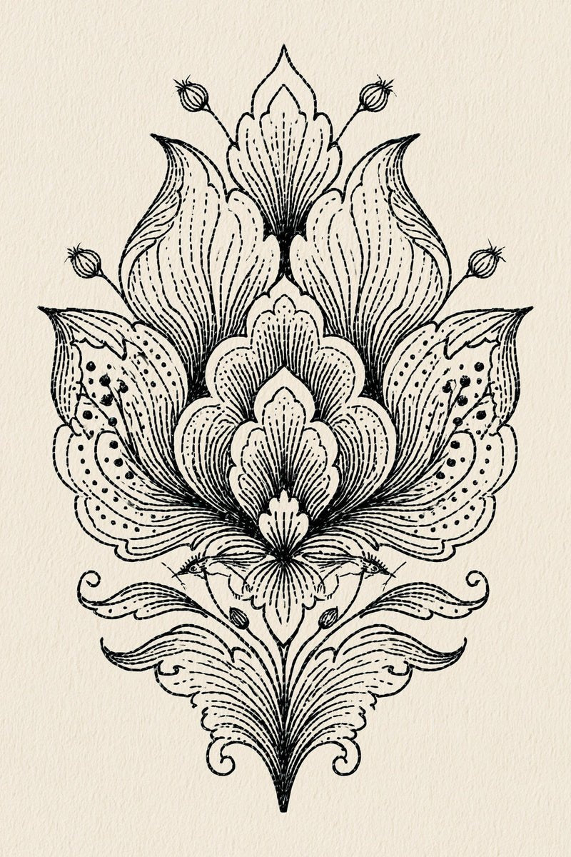 Original design: one symmetrical pointed layered floral ornament with four small buds, dotted petals and paired curling lower leaves.