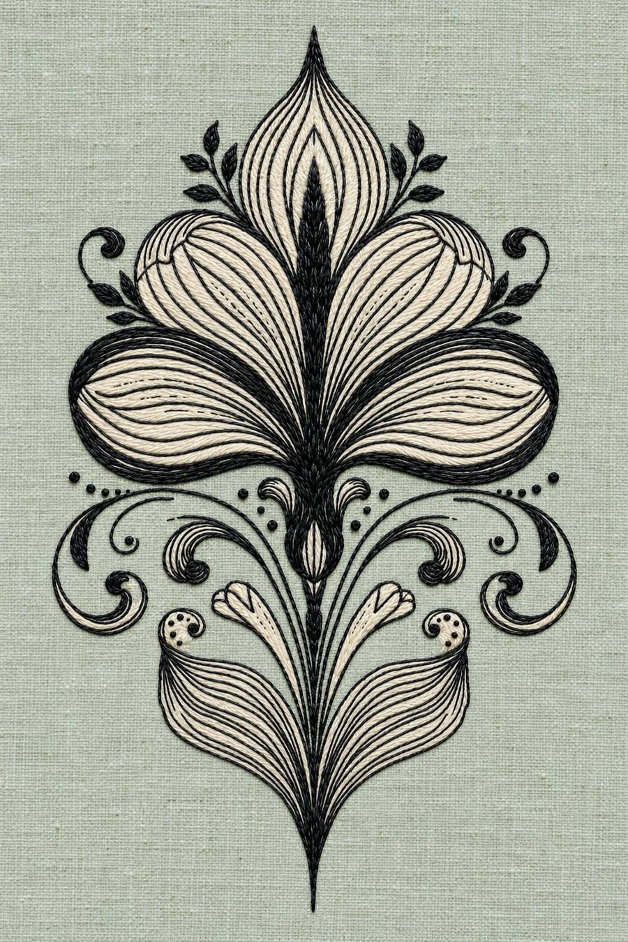 Hand embroidery of one symmetrical pointed tulip-like floral ornament with broad curling petals, slender stem and paired long lower leaves in charcoal and ivory cotton on pale muted celadon linen.