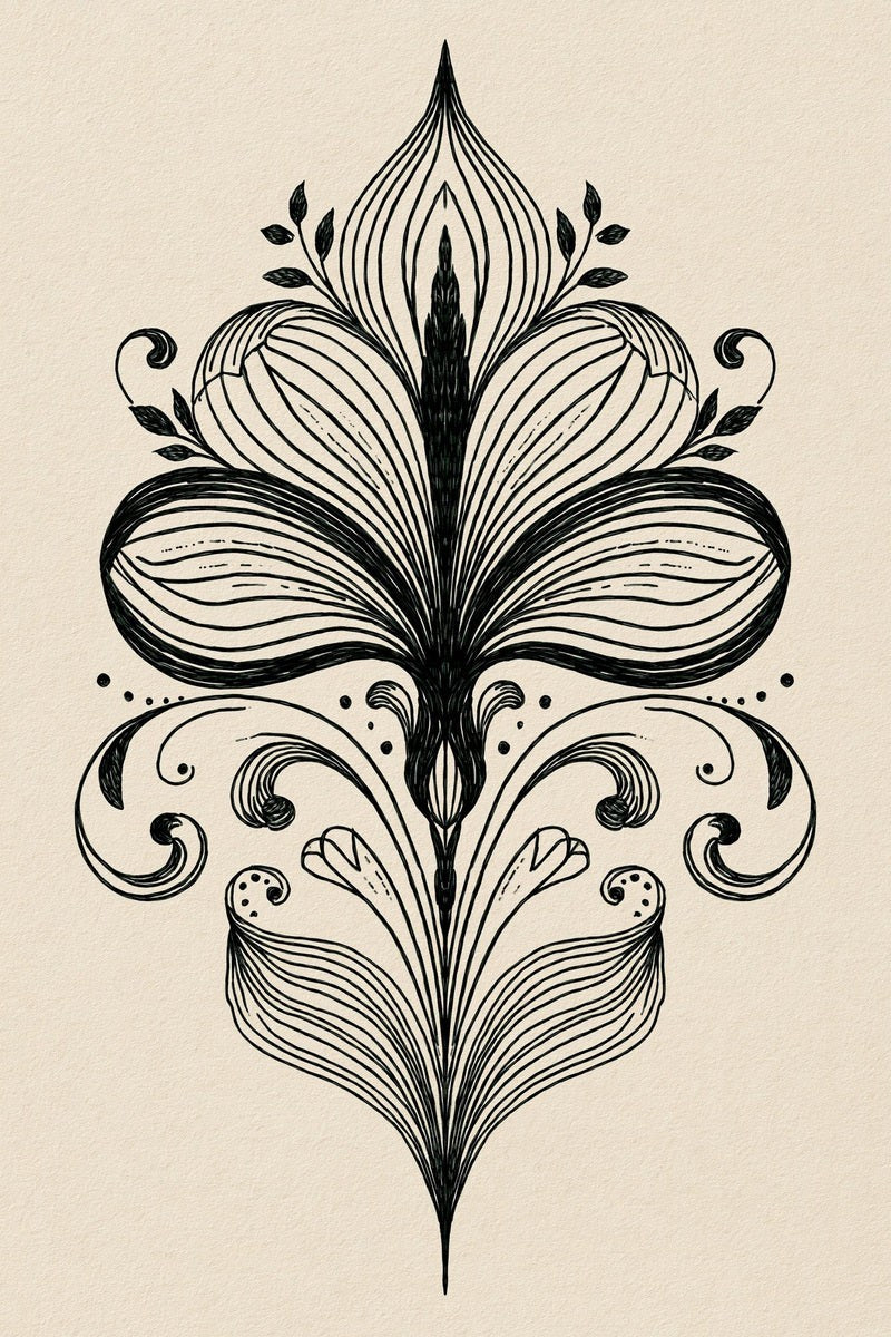 Original design: one symmetrical pointed tulip-like floral ornament with broad curling petals, slender stem and paired long lower leaves.