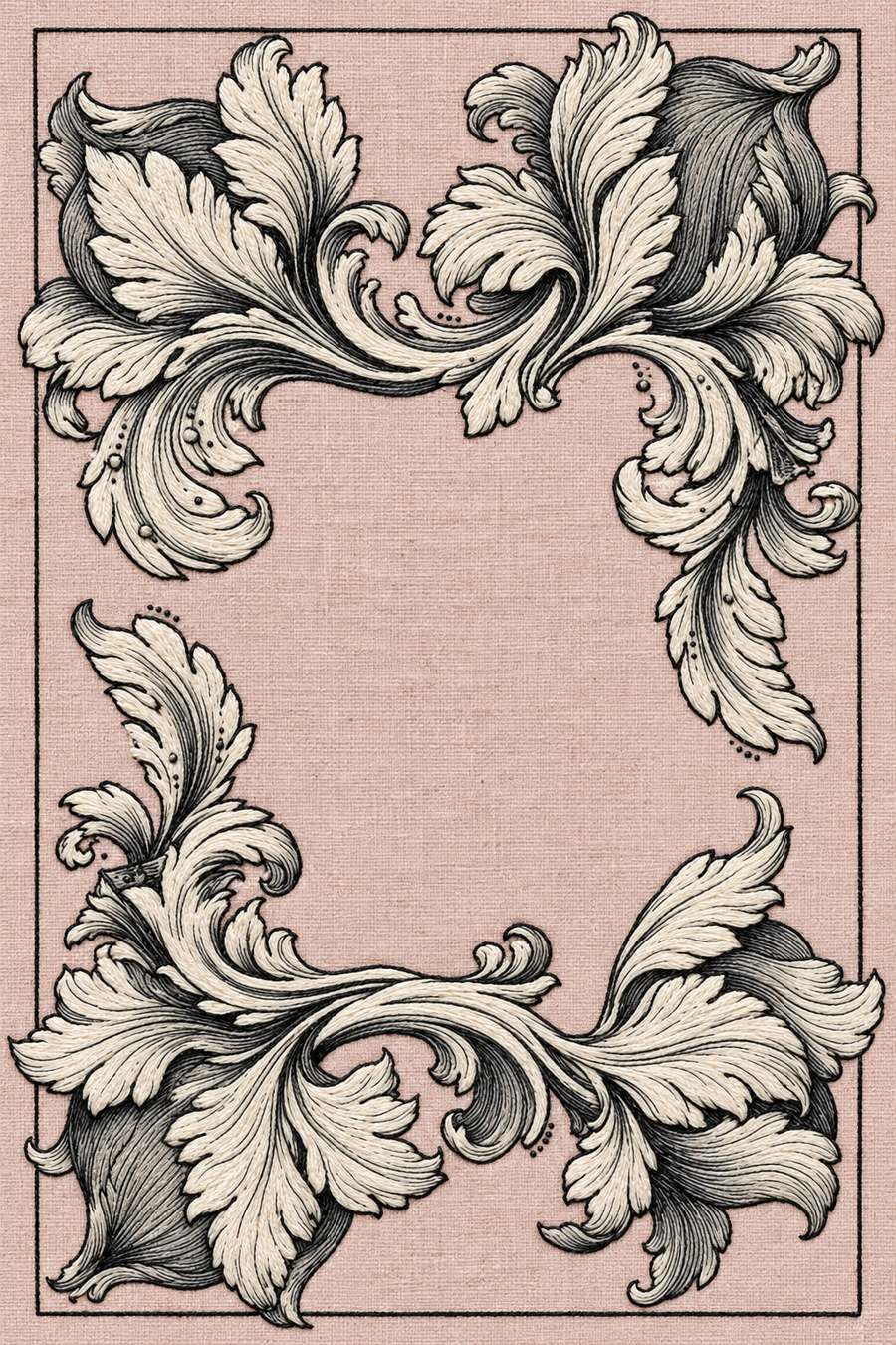 Hand embroidery of one rectangular acanthus floral frame with large curling corner leaves, fine original outline and a broad blank centre in charcoal and ivory cotton on soft pale dusty rose linen.