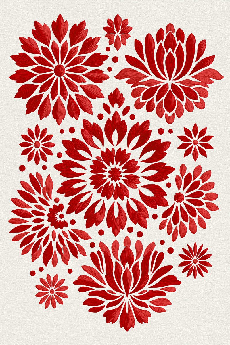 Original design: a full-page arrangement of layered red radial flowers, smaller red blossoms and scattered red dots.