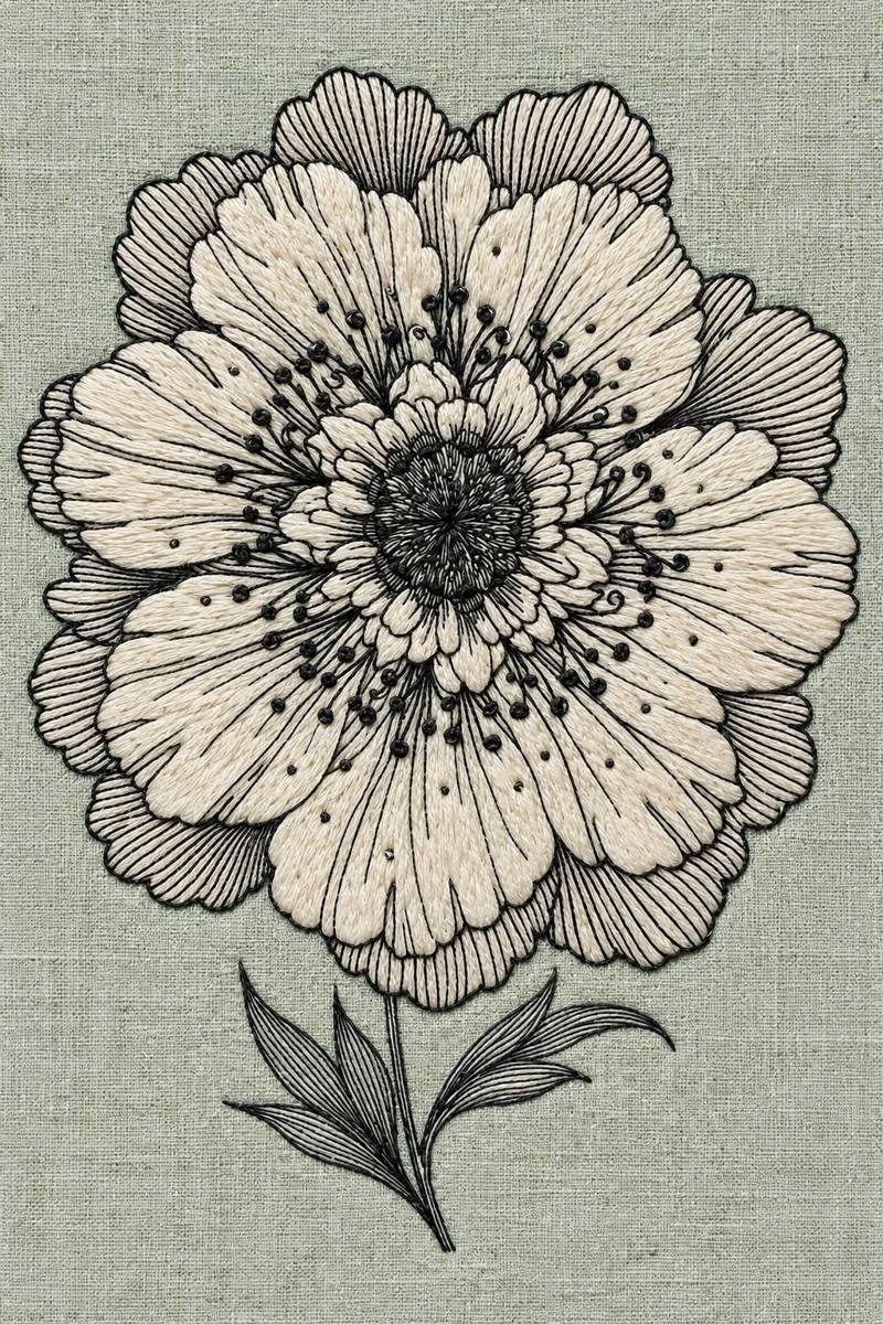 Hand embroidery of one large round many-petalled flower with fine stamens, tiny dots, slender stem and pointed leaves in charcoal and ivory cotton on pale muted celadon linen.