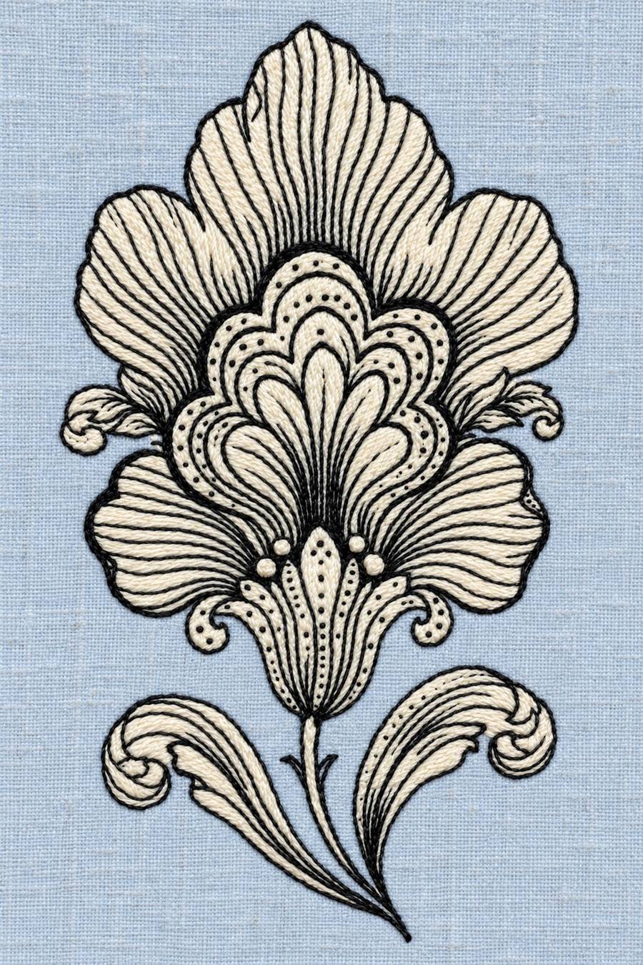 Hand embroidery of one tall fan-shaped scalloped flower with layered dotted petals, a fine stem and two curling basal leaves in charcoal and ivory cotton on soft pale powder blue linen.