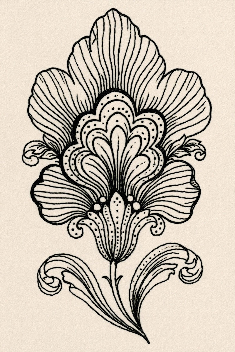Original design: one tall fan-shaped scalloped flower with layered dotted petals, a fine stem and two curling basal leaves.