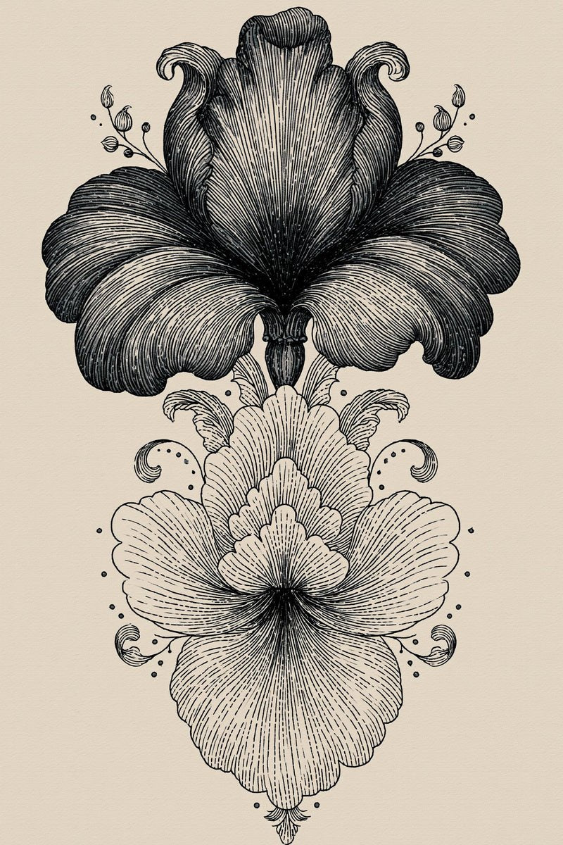 Original design: two vertically stacked baroque flower heads, a dark upper iris with tiny side buds and a pale lower scalloped rosette with small curls.