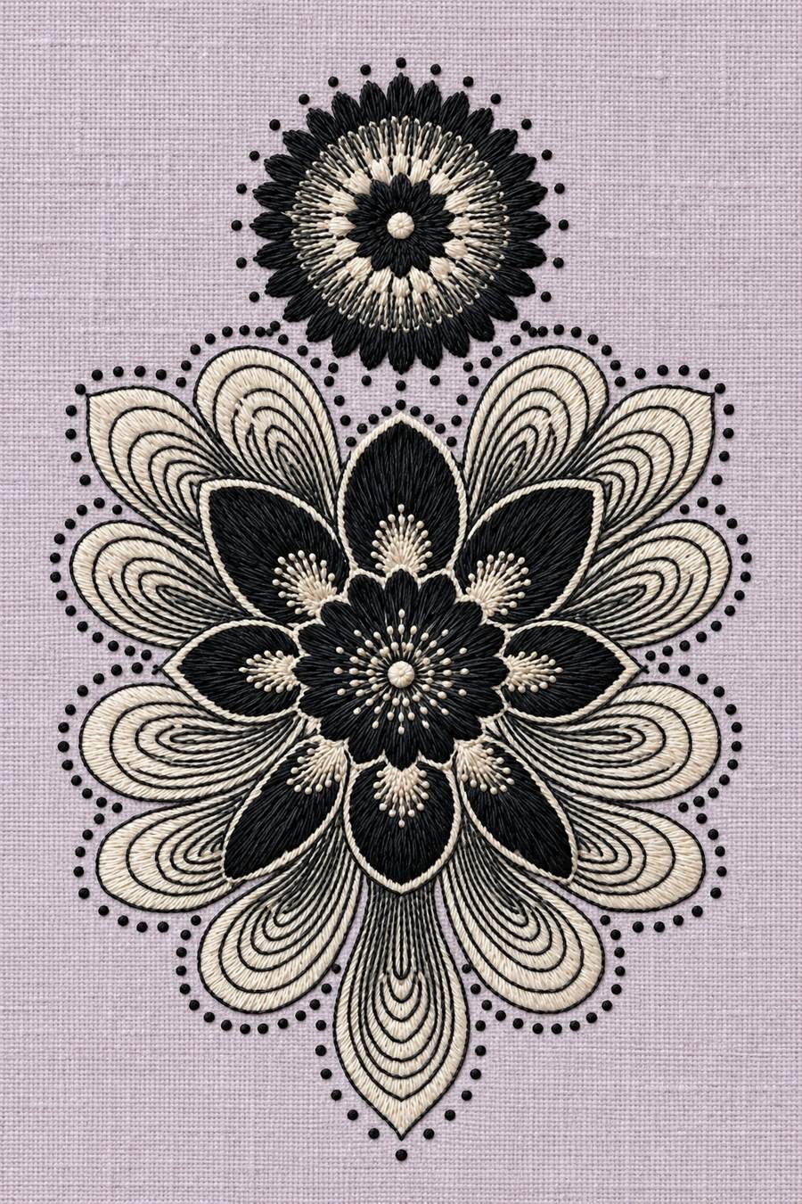Hand embroidery of two vertically stacked floral rosettes, a small round upper rosette and a large pointed lower mandala with looping petals and dotted contours in charcoal and ivory cotton on soft pale dusty lavender linen.