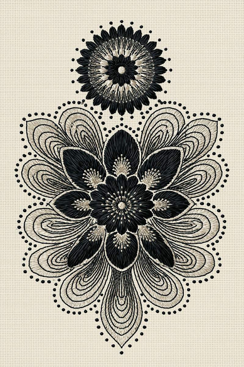 Original design: two vertically stacked floral rosettes, a small round upper rosette and a large pointed lower mandala with looping petals and dotted contours.