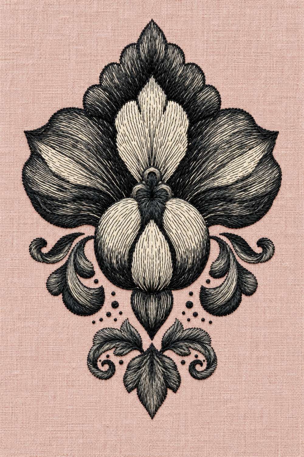 Hand embroidery of one symmetrical baroque iris with dark outer petals, ivory inner petals, scroll leaves and a pendant lower leaf in charcoal and ivory cotton on soft pale dusty rose linen.