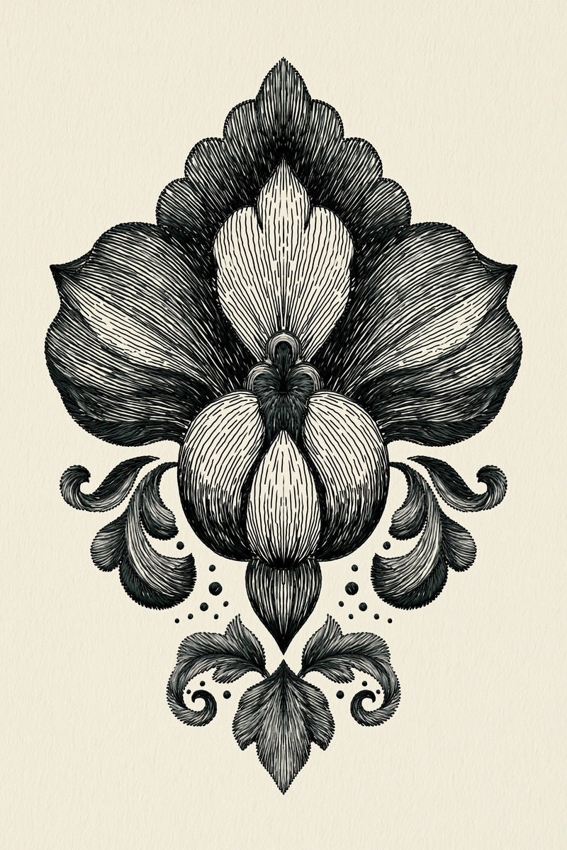 Original design: one symmetrical baroque iris with dark outer petals, ivory inner petals, scroll leaves and a pendant lower leaf.