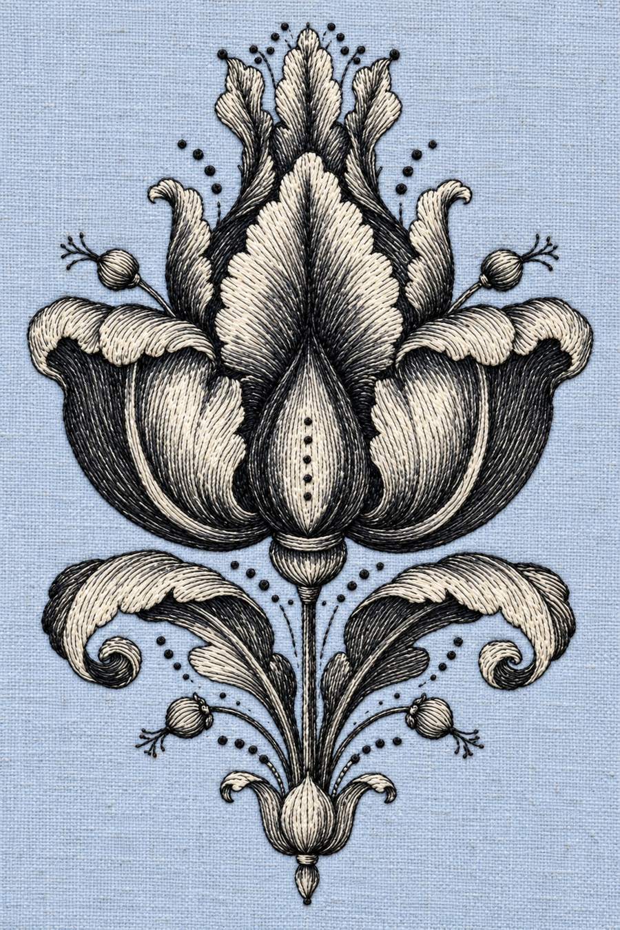 Hand embroidery of one symmetrical baroque tulip ornament with an upright pointed central petal, broad curled side petals, four small buds and curled basal leaves in charcoal and ivory cotton on soft pale powder blue linen.