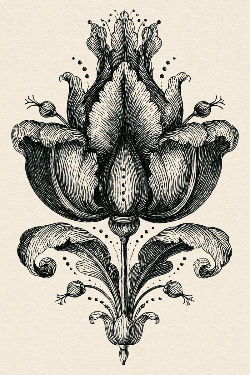 Original design: one symmetrical baroque tulip ornament with an upright pointed central petal, broad curled side petals, four small buds and curled basal leaves.
