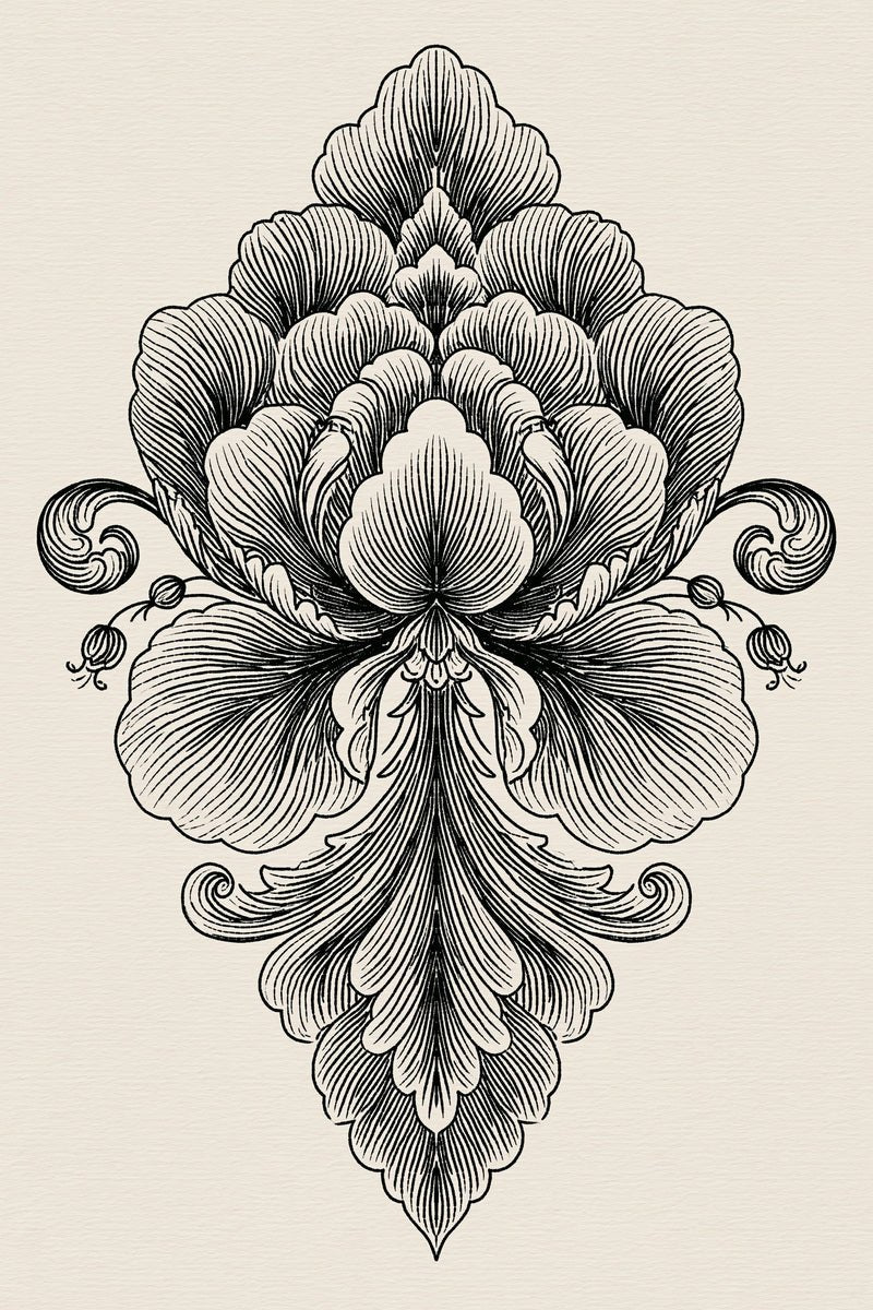 Original design: one symmetrical layered baroque flower ornament with scalloped petals, curled side tendrils, small hanging buds and a pointed pendant lower petal.