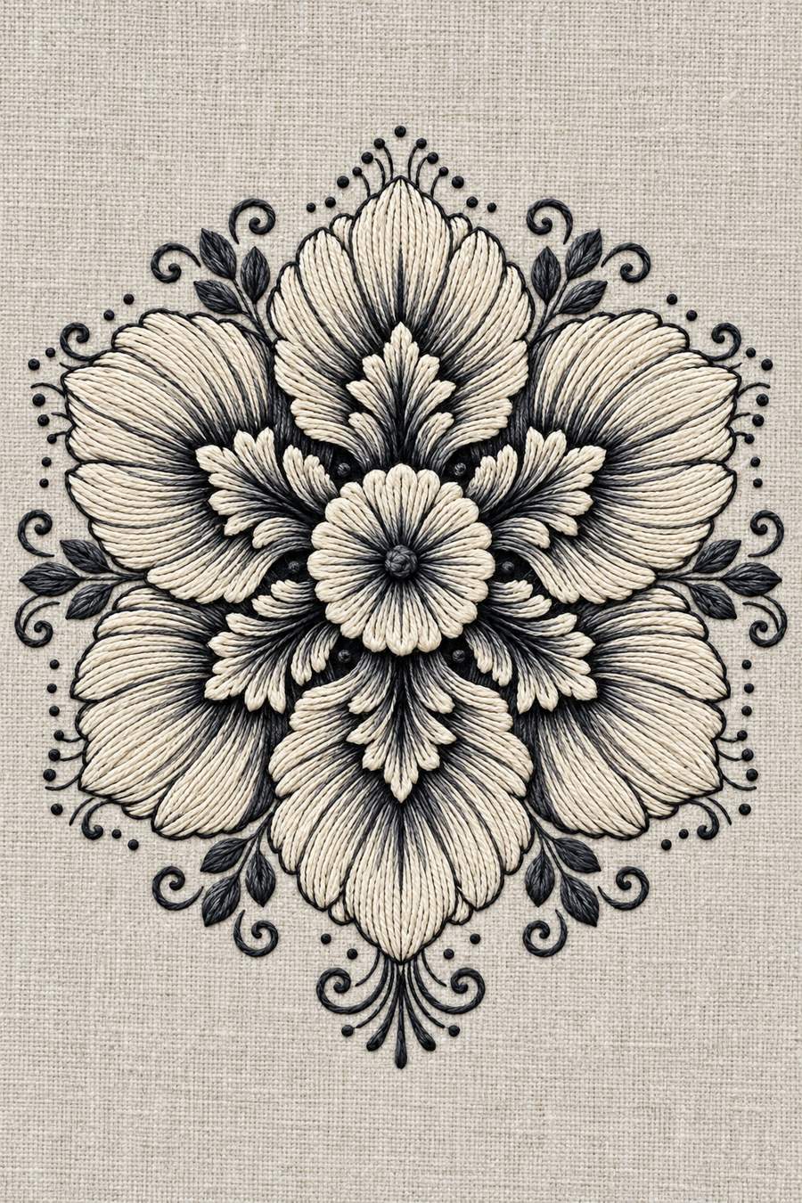 Hand embroidery of one symmetrical layered floral rosette with broad petals, a small central flower, dark leaf accents, curls and dots in charcoal and ivory cotton on pale warm stone grey linen.
