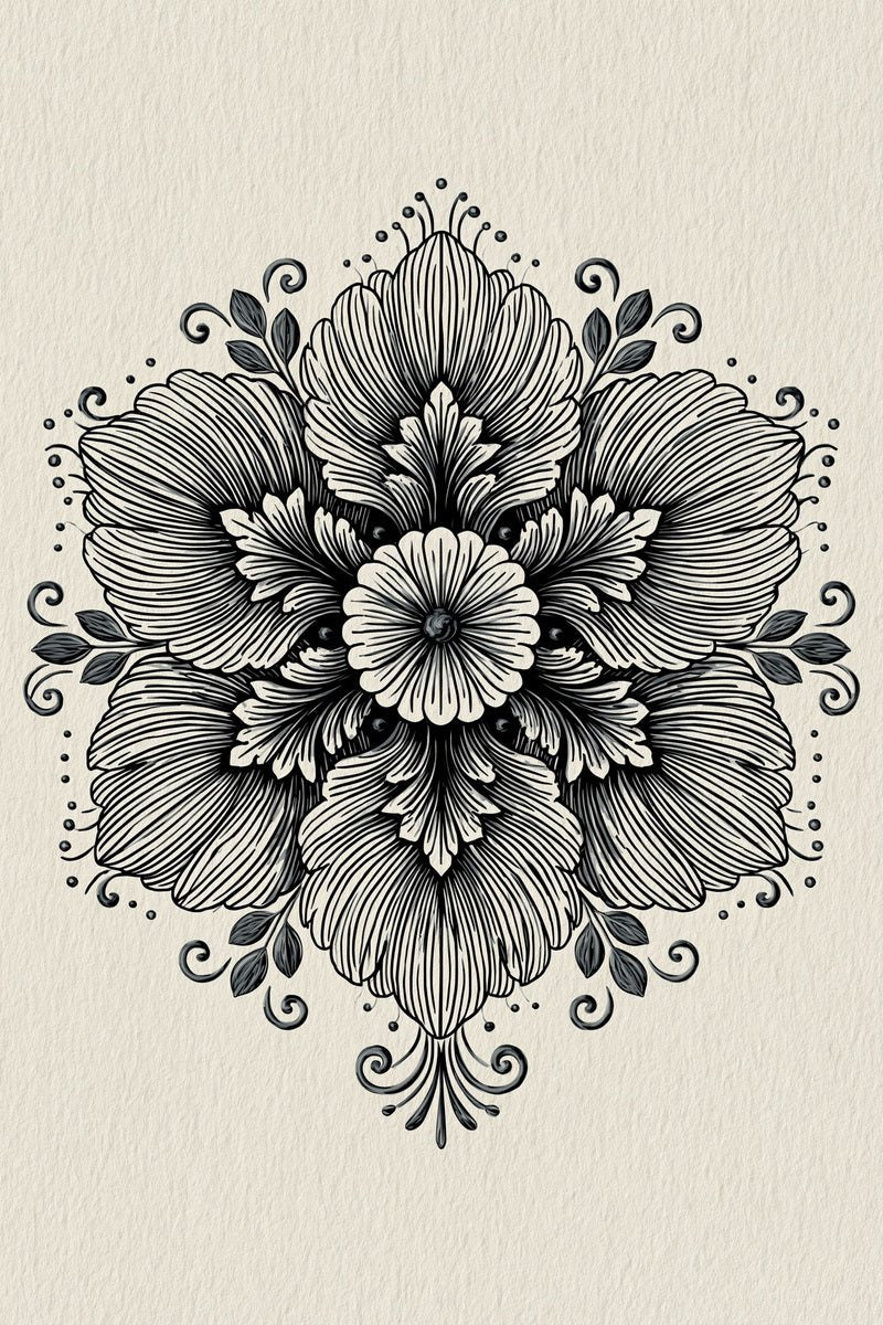 Original design: one symmetrical layered floral rosette with broad petals, a small central flower, dark leaf accents, curls and dots.