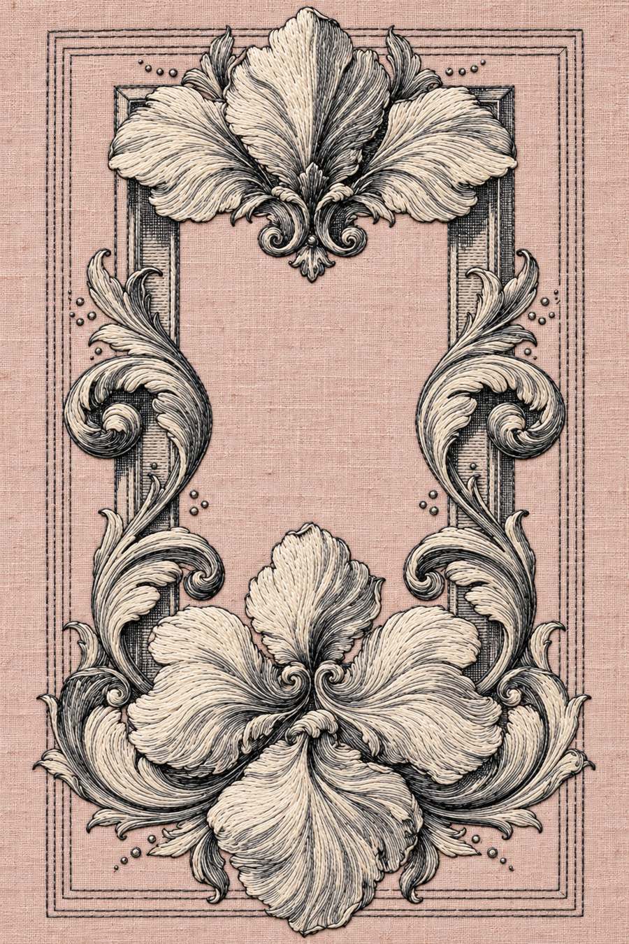 Hand embroidery of one tall rectangular floral frame with large flowers at top and bottom, curling acanthus sides, fine rectangular line borders and a large blank centre in charcoal and ivory cotton on soft pale dusty rose linen.