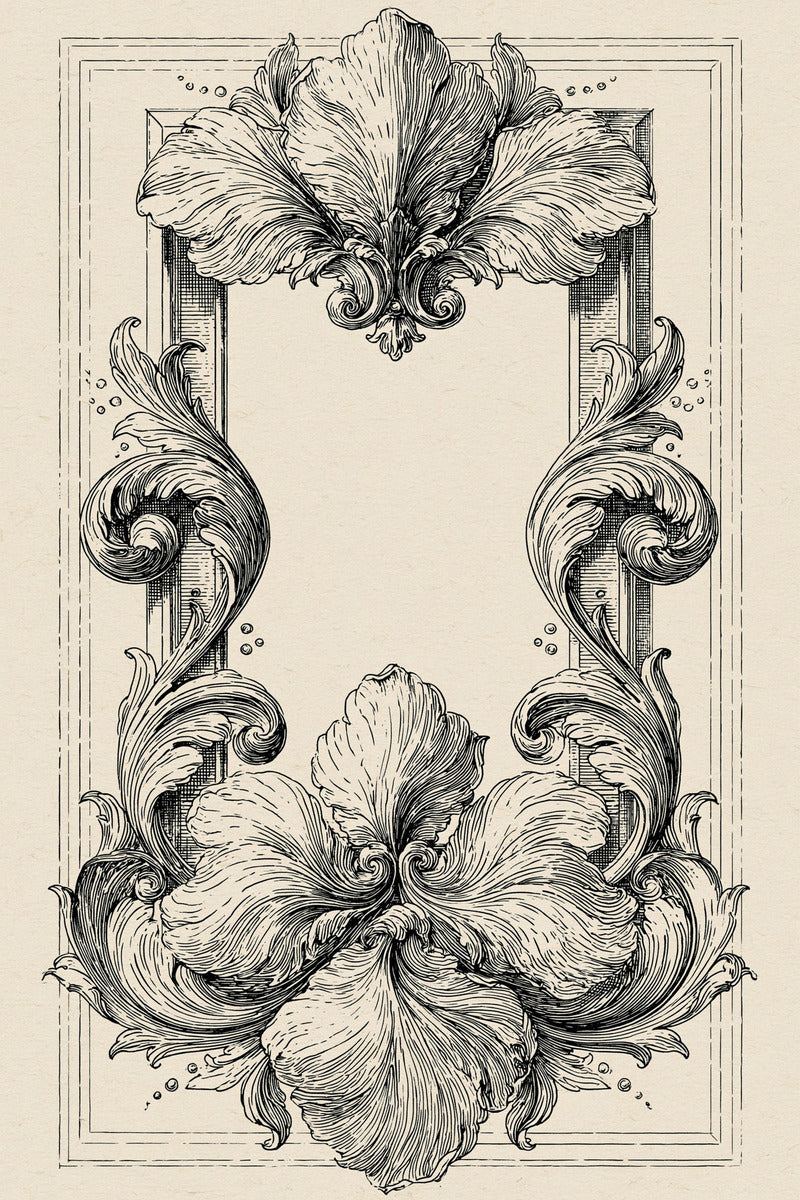 Original design: one tall rectangular floral frame with large flowers at top and bottom, curling acanthus sides, fine rectangular line borders and a large blank centre.
