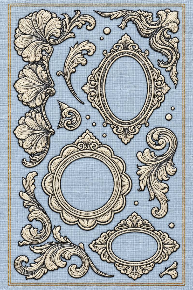 Hand embroidery of three ornate empty oval and round frames with separate flowing acanthus ornaments, dots and the original fine double page border in charcoal and ivory cotton on soft pale powder blue linen.
