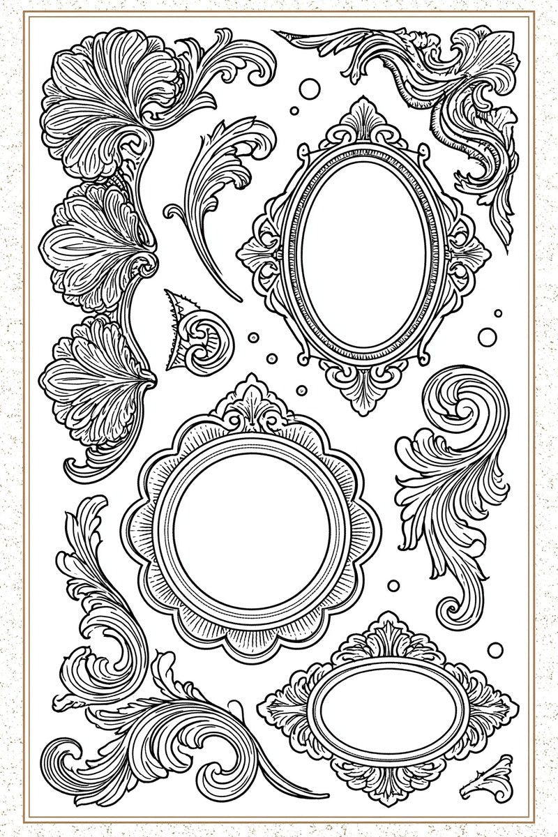 Original design: three ornate empty oval and round frames with separate flowing acanthus ornaments, dots and the original fine double page border.