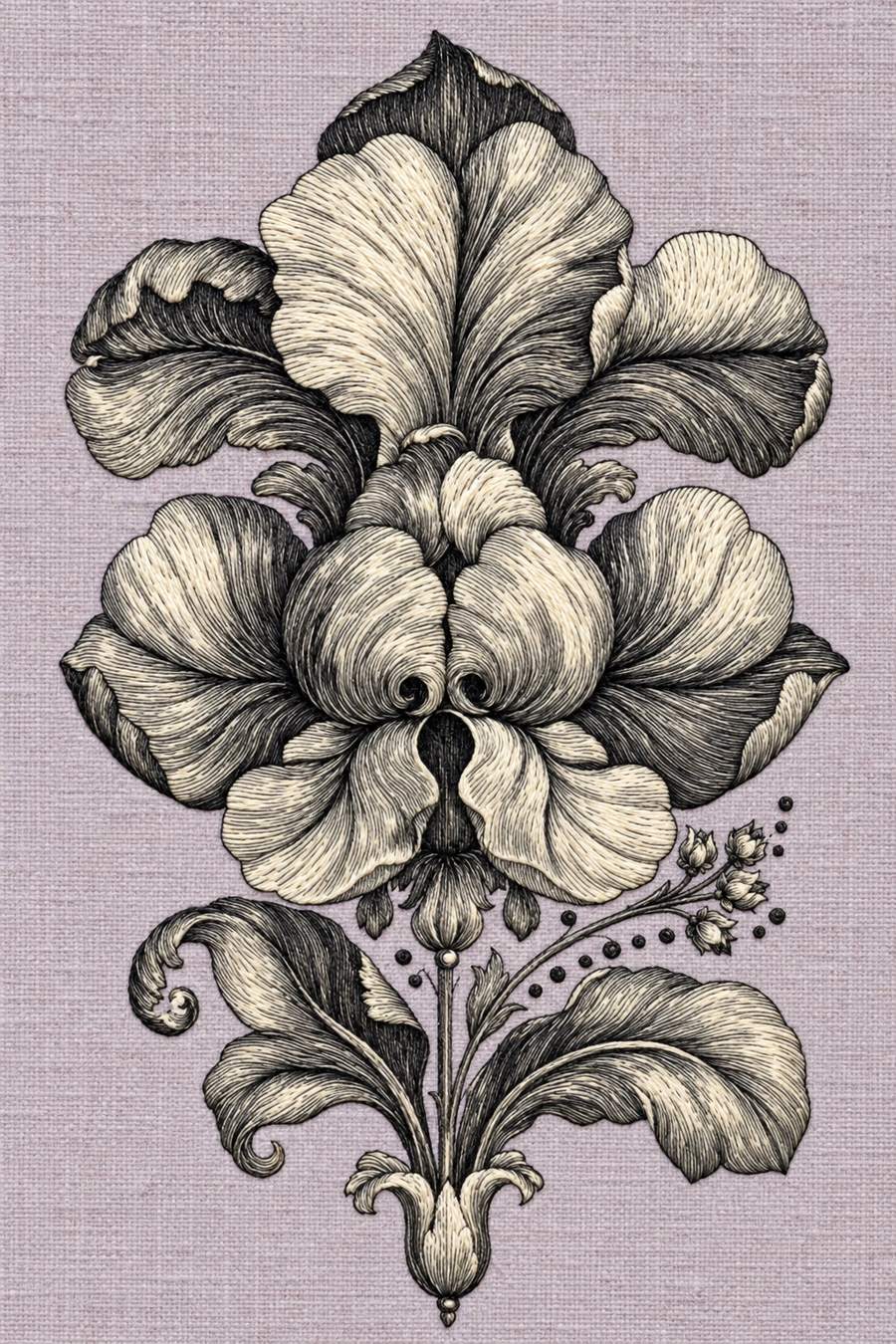 Hand embroidery of one upright layered iris ornament with curled broad petals, pendant buds, a curved stem, side leaves and fine dotted sprigs in charcoal and ivory cotton on soft pale dusty lavender linen.