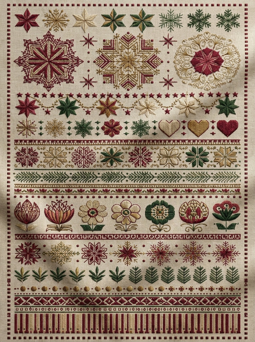Nordic Holiday Motif Library Plate from Christmas Embroidery Collection Book 3, a digital embroidery design reference for machine embroidery designs, embroidery patterns and seasonal embroidery motifs.