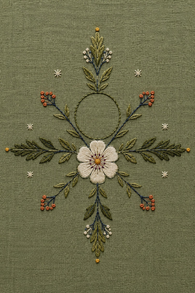 Illustrative embroidery design: A white rosette sits within a four-direction compass of berry arms and small frost stars.