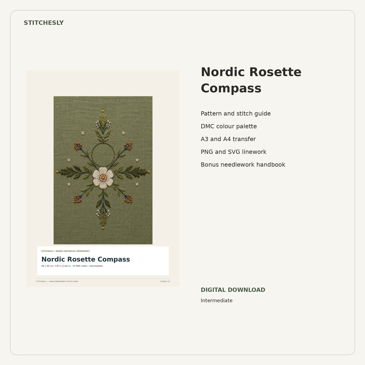 Nordic Rosette Compass PDF stitch guide cover, pattern files and bonus needlework handbook.